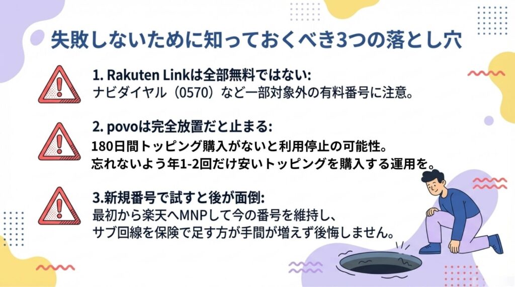 楽天モバイルのデュアルSIM運用で失敗しないために知っておくべき3つの落とし穴を解説した図解。Rakuten Linkの一部有料番号（0570など）への発信、povo2.0の180日ルールによる利用停止リスク、新規番号でテストした後のMNPの手間について注意喚起しています。