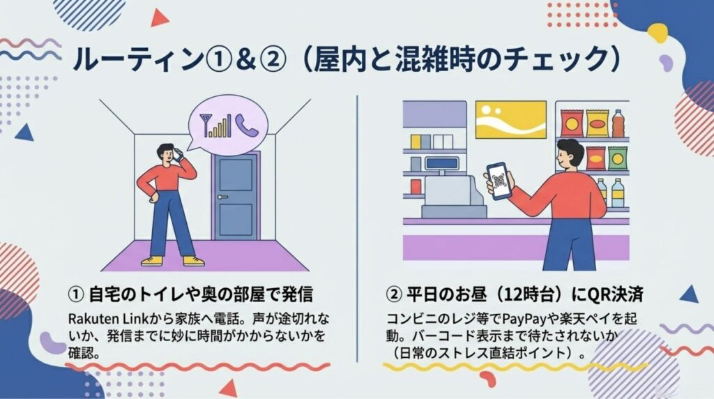 楽天モバイルの電波テストルーティン①と②を解説した図解。屋内の奥まった部屋(トイレなど)でのRakuten Link通話テストと、平日12時台の混雑時におけるコンビニでのQRコード決済(PayPayや楽天ペイなど)の表示スピードテストの手順が描かれています。