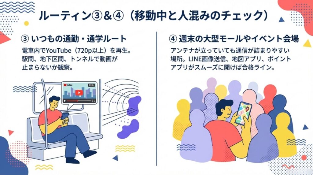 楽天モバイルの電波テストルーティン③と④を解説した図解。電車での通勤・通学ルートにおける動画再生(YouTube)テストと、週末の大型モールなど人混みでの通信速度テスト(LINE画像送信や地図アプリの動作確認)の手順が描かれています。