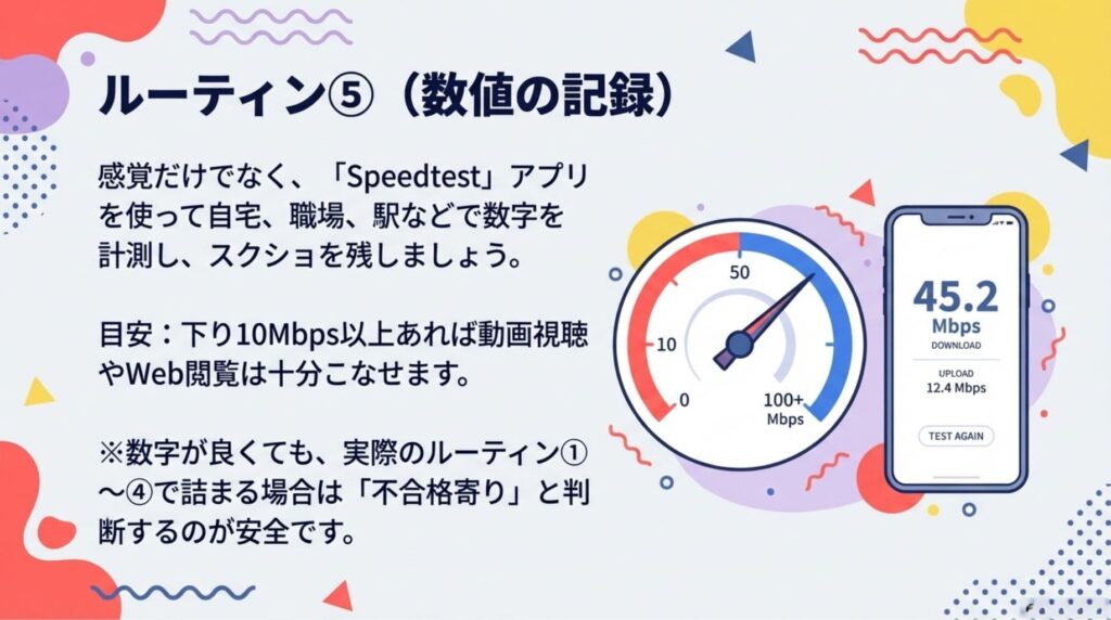 楽天モバイルの電波テストルーティン⑤「数値の記録」を解説した図解。「Speedtest」アプリで通信速度を計測するスマートフォンのイラストとともに、下り10Mbps以上が目安であることや、数字が良くても実際の体感(ルーティン①〜④)で詰まるなら「不合格寄り」と判断すべきという注意点が記載されています。