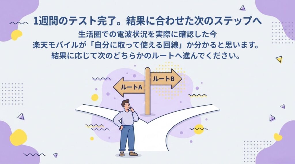 1週間の楽天モバイル電波テスト完了後の分岐点を示す図解。テスト結果に基づいて自分にとって使える回線か判断し、「ルートA」または「ルートB」のどちらかのステップへ進むよう促しています。