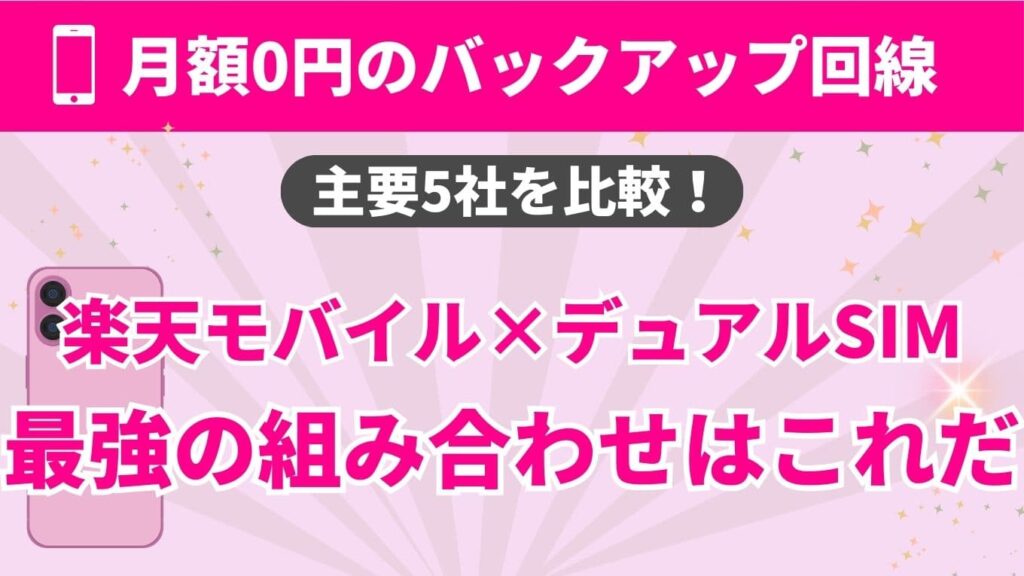 「月額0円のバックアップ回線」「主要5社を比較！」「楽天モバイル×デュアルSIM 最強の組み合わせはこれだ」というテキストとスマートフォンのイラストが配置されたアイキャッチ画像。