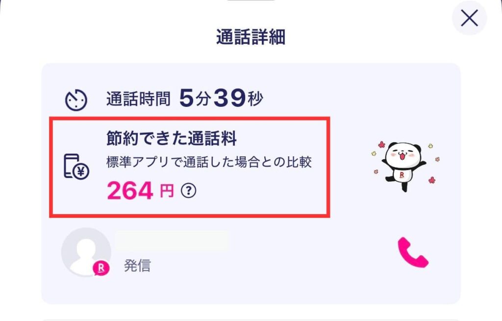 Rakuten Linkアプリの「通話詳細」画面のスクリーンショット。5分39秒の発信通話に対し、標準の電話アプリで通話した場合と比較して「264円」の通話料が節約できたことが赤枠で強調して表示されています。
