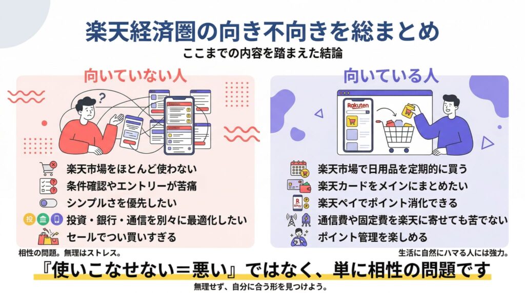 楽天経済圏が「向いている人」と「向いていない人」の特徴を比較した表。楽天市場の利用頻度、ポイント管理の楽しさ、固定費の集約への抵抗感など、相性を判断するためのチェックリスト形式になっています。