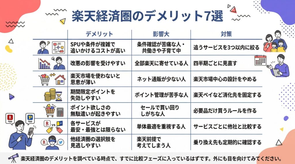 楽天経済圏の7つのデメリット(複雑さ、改悪、ポイント失効、無駄遣い等)と、それに対する具体的な影響範囲・対策をまとめた一覧表。