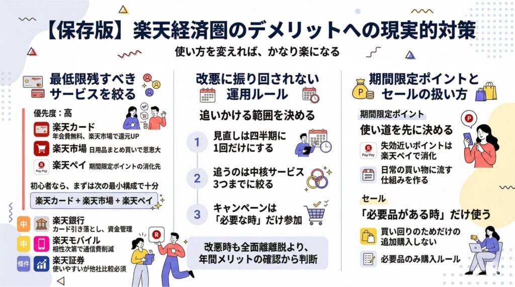 楽天経済圏のデメリットへの対策まとめ。利用サービスを絞る優先順位(カード・市場・ペイ)、改悪に振り回されない運用ルール、期間限定ポイントとセールの効率的な扱い方の3つの切り口で具体策を提示しています。