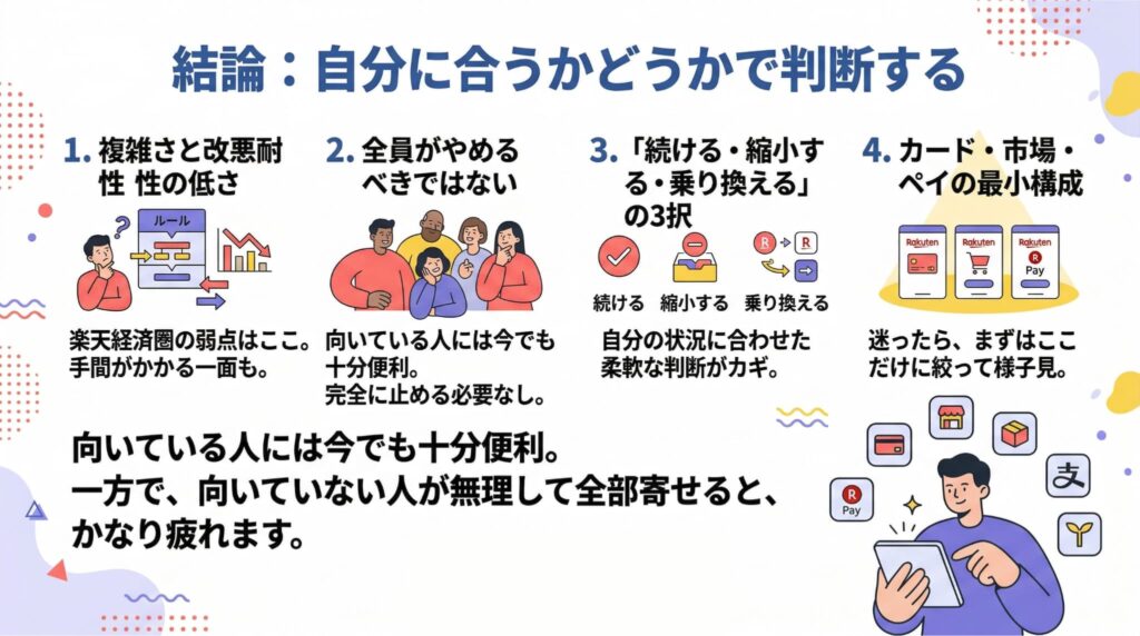 楽天経済圏との付き合い方の3パターン(続ける・縮小する・乗り換える)を解説した図。「全部寄せるか」ではなく「どこまで寄せるか」という判断基準の重要性を説明しています。
