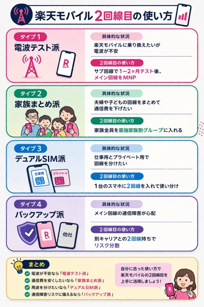 楽天モバイルの2回線目の使い方を4つのタイプ(電波テスト派・家族まとめ派・デュアルSIM派・バックアップ派)で解説した図解。電波状況の確認や通信費削減、リスク分散などの具体的な活用メリットをまとめています