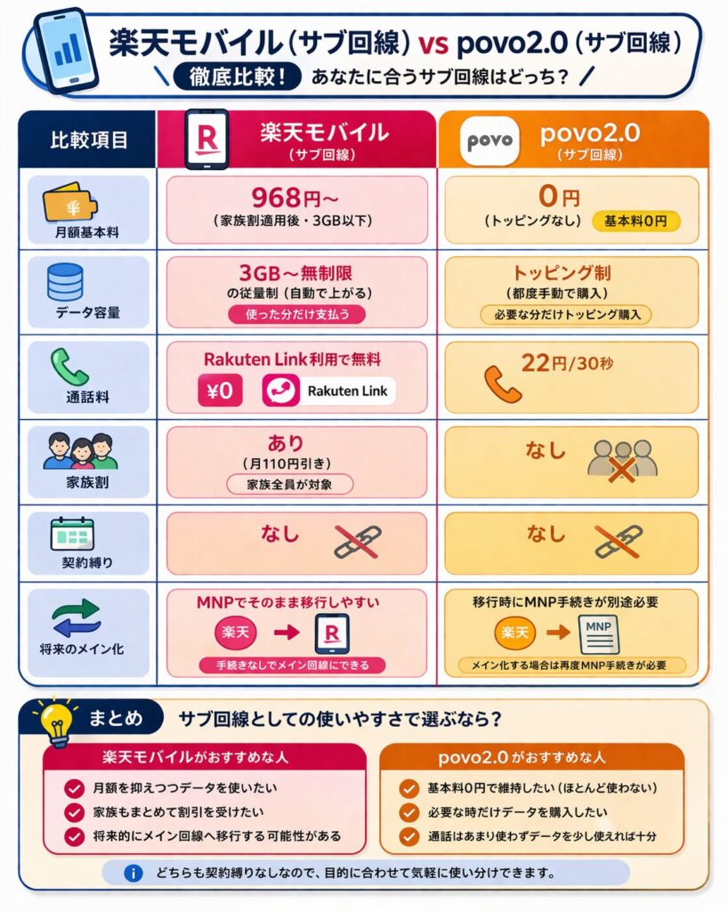 楽天モバイルとpovo2.0をサブ回線として比較した図解。月額基本料、データ容量(従量制vsトッピング制)、通話料、家族割の有無、契約縛り、将来的なメイン化のしやすさを一覧表で解説しています