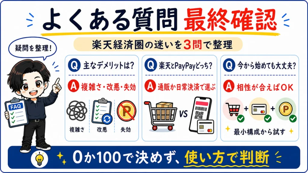 楽天経済圏の主なデメリット・PayPayとの違い・今から始める判断を整理したFAQ図解