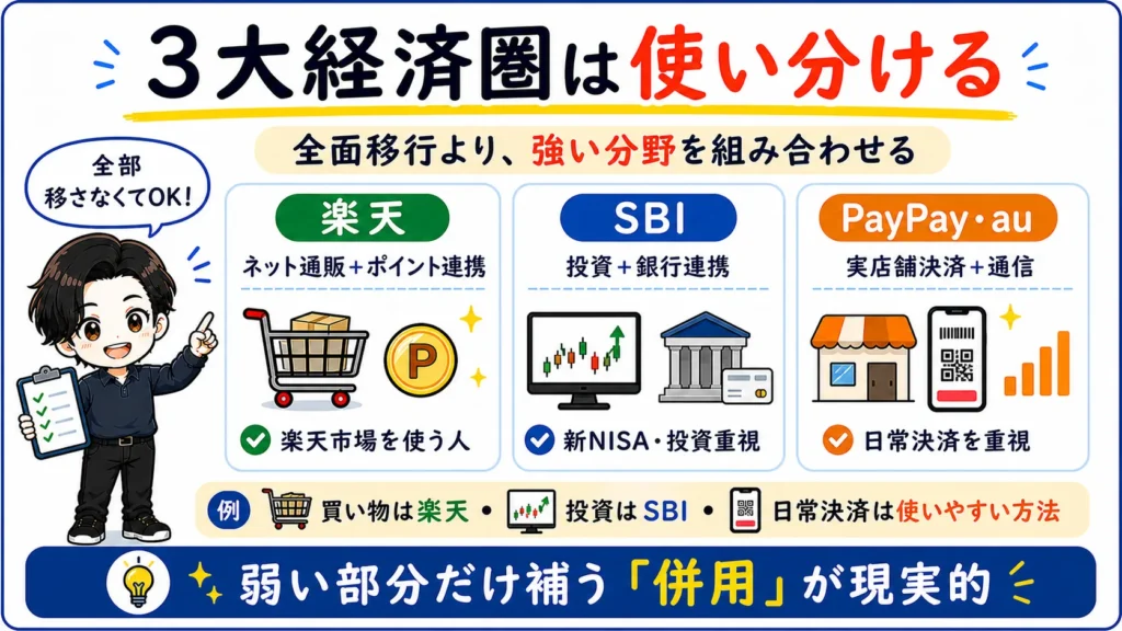 楽天・SBI・PayPay au経済圏の強い分野と向いている人を比較し併用を提案する図解