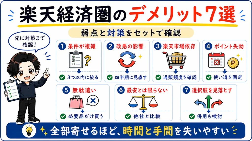 楽天経済圏の条件の複雑さ・改悪・市場依存・ポイント失効・無駄遣いなど7つのデメリットと対策