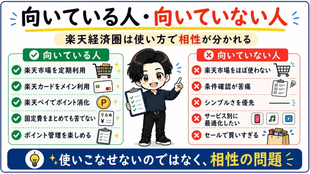 楽天市場の利用頻度やポイント管理などから楽天経済圏が向いている人と向いていない人を比較する図解