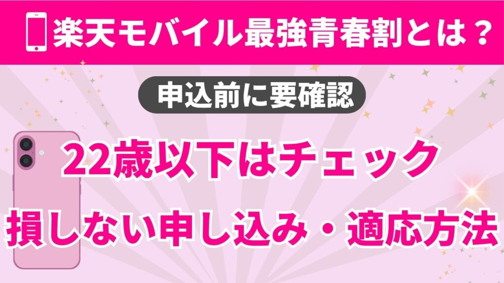 楽天モバイル「最強青春割」の解説サムネイル。22歳以下を対象とした損をしない申し込み・適応方法について、「申込前に要確認」というキャプションと共に紹介している。