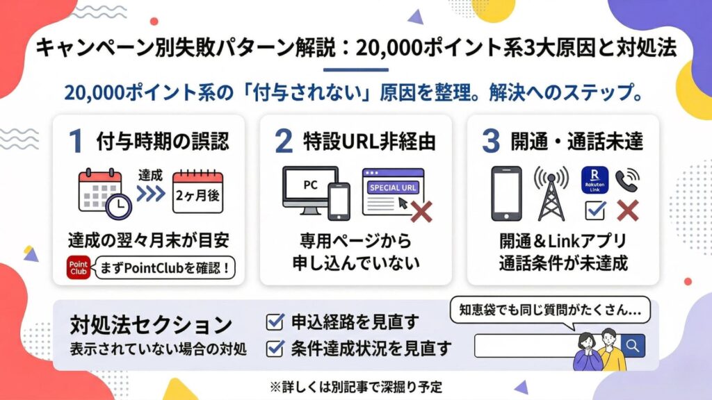 楽天モバイル20,000ポイント還元キャンペーンでポイントが付与されない3大原因（付与時期の誤認、特設URL非経由、開通・通話未達）と対処法を解説したまとめ図解。達成の翌々月末という目安や、申込経路・条件達成状況の見直しについて説明しています。