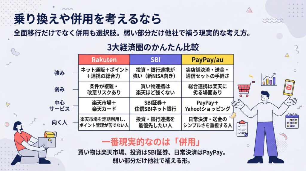楽天、SBI、PayPay/auの3大経済圏を「強み・弱み・中心サービス・向く人」で比較した表。楽天市場(通販)、SBI証券(投資)、PayPay(決済)を使い分ける「併用」という現実的な選択肢を提案する図解。