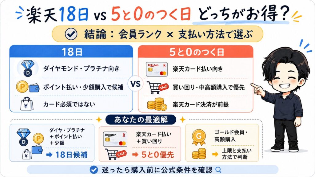 楽天市場の「18日ご愛顧感謝デー」と「5と0のつく日」の比較図。獲得上限1,000ポイントに到達する購入額の目安（ダイヤモンド会員：約33,400円、プラチナ会員：約50,000円、ゴールド会員および5と0のつく日：約100,000円）を解説。特典倍率が高いほど、少ない購入額で上限に達することを説明しています。