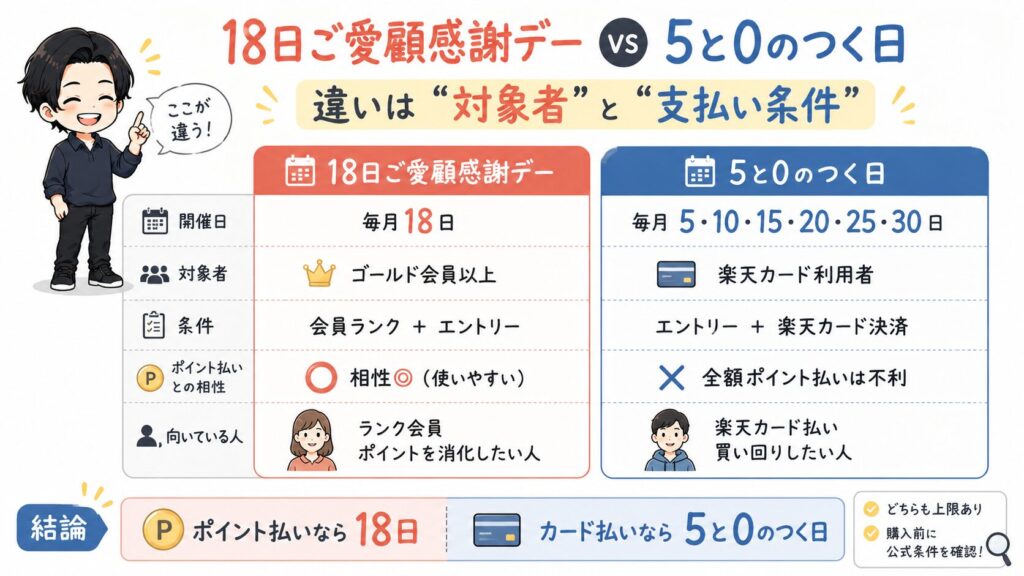 楽天市場で「18日」と「5と0のつく日」のどちらで買うべきかの判定図。会員ランク、支払い方法、購入金額、買い回り状況、期間限定ポイントの有無に応じた最適な選び方を解説。ランク上位やポイント払いなら18日がベストと結論付けています。