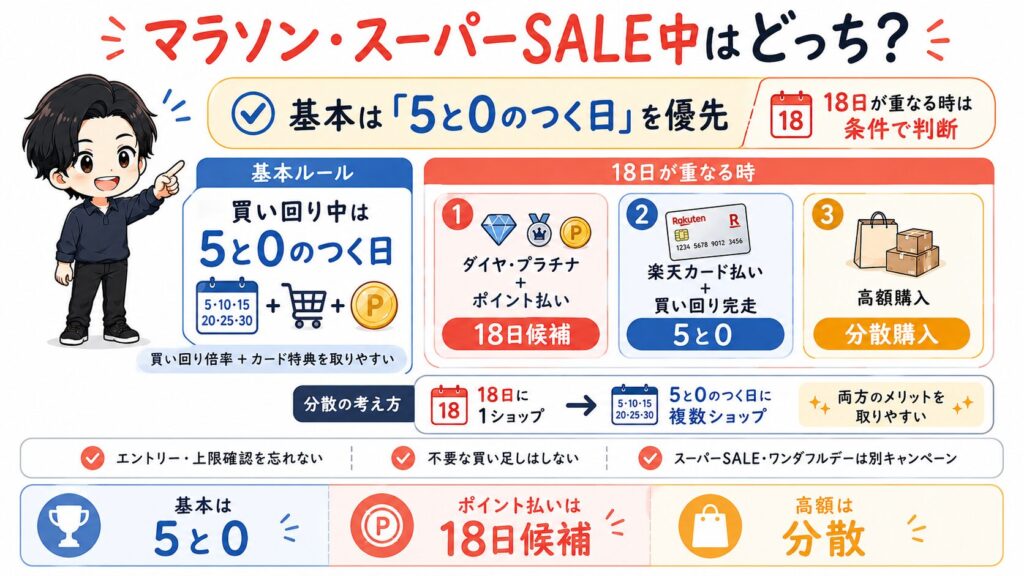 楽天市場のお買い物マラソンやスーパーSALE中における「5と0のつく日」と「18日」の使い分け図解。基本はカード特典を取りやすい「5と0のつく日」を優先し、ダイヤモンド・プラチナ会員のポイント払いなら「18日」を候補にする戦略を解説。高額購入時は両日に分散して購入する考え方も示しています。