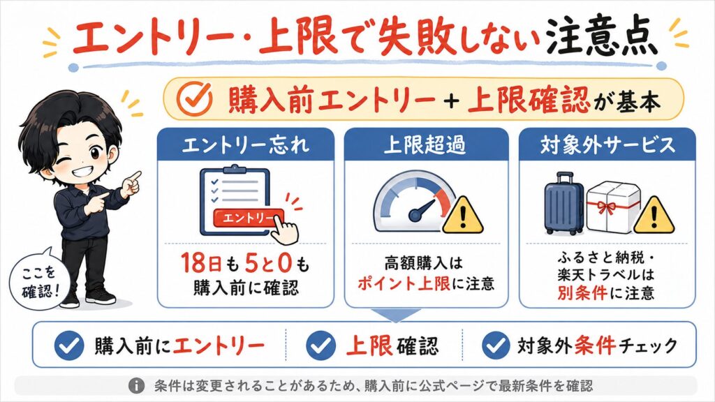 楽天市場のキャンペーン利用における注意点の図解。「18日」も「5と0のつく日」も購入前のエントリーが必須であること、高額購入時のポイント上限超過、ふるさと納税や楽天トラベルなどの対象外条件に注意が必要であることを解説しています。
