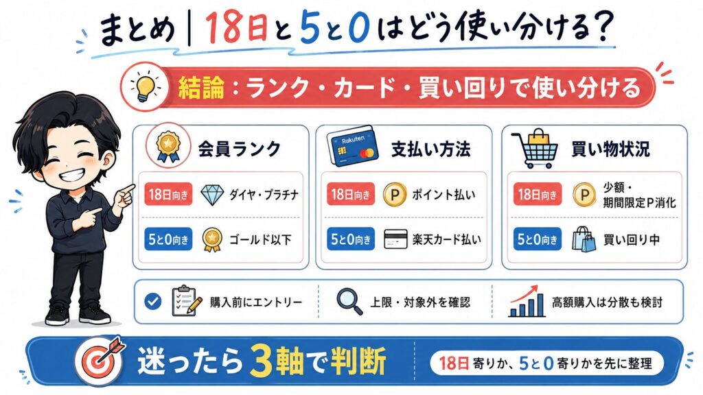 楽天市場の「18日」と「5と0のつく日」の使い分けまとめ図。会員ランク（ダイヤ・プラチナなら18日）、支払い方法（ポイント払いなら18日）、買い物状況（少額・期間限定ポイント消化なら18日、買い回り中なら5と0のつく日）の3軸で判断する結論を解説しています。