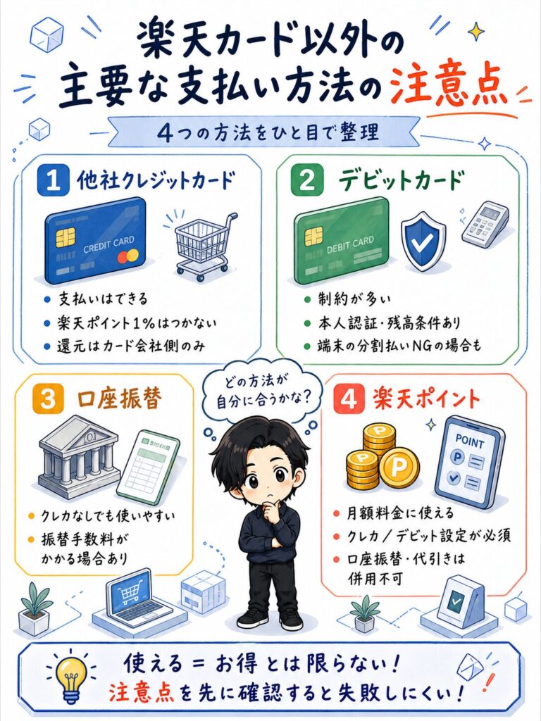 楽天カード以外の主要な支払い方法（他社クレジットカード、デビットカード、口座振替、楽天ポイント）の注意点をまとめた図解。ポイント還元の有無、本人認証の必要性、手数料、併用不可の条件など、4つの方法の制約を一覧で解説しています。