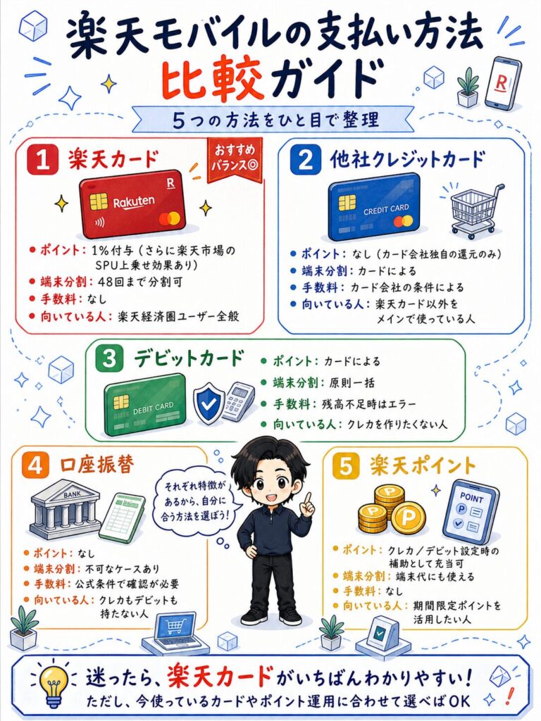 楽天モバイルの5つの支払い方法（楽天カード、他社クレカ、デビットカード、口座振替、楽天ポイント）の比較ガイド。各方法のポイント還元率・端末分割の可否・手数料・向いている人を一覧化。一番のおすすめは「楽天カード」と結論付けています。