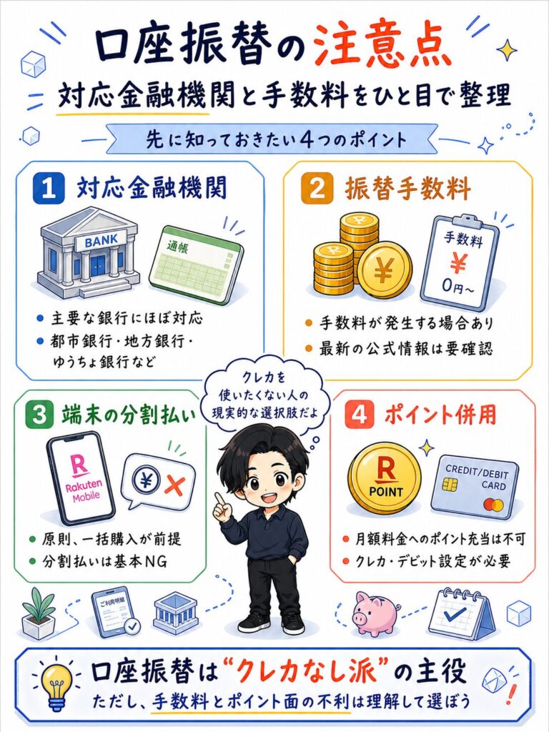 楽天モバイルで口座振替を利用する際の4つの注意点。1.対応金融機関、2.振替手数料（0円〜）、3.端末の分割払い（原則不可）、4.ポイント併用（不可・クレカ等が必要）について図解。クレカなし派の主役だがデメリットの理解も必要と説明。
