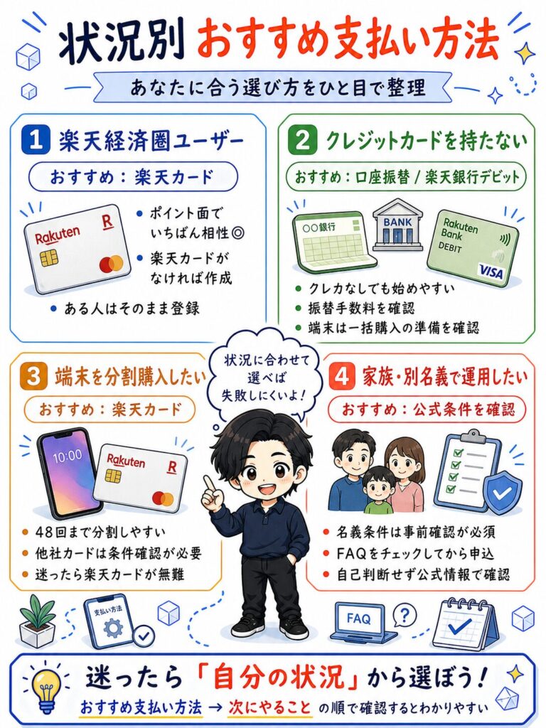 楽天モバイルのおすすめ支払い方法を4つの状況別に図解。1.楽天経済圏ユーザー（楽天カード）、2.クレカなし（口座振替/デビット）、3.端末分割購入希望（楽天カード）、4.家族・別名義運用（公式条件確認）のケースごとに最適な選択肢を提示。