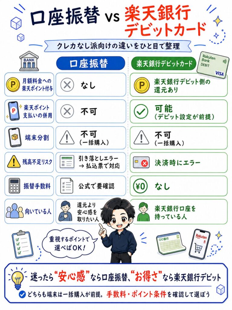楽天モバイルの口座振替と楽天銀行デビットカードの比較表。ポイント付与・支払い併用・端末分割・残高不足リスク・振替手数料・向いている人の6項目で違いを解説。迷ったら「安心感」なら口座振替、「お得さ」ならデビットカードを推奨しています。