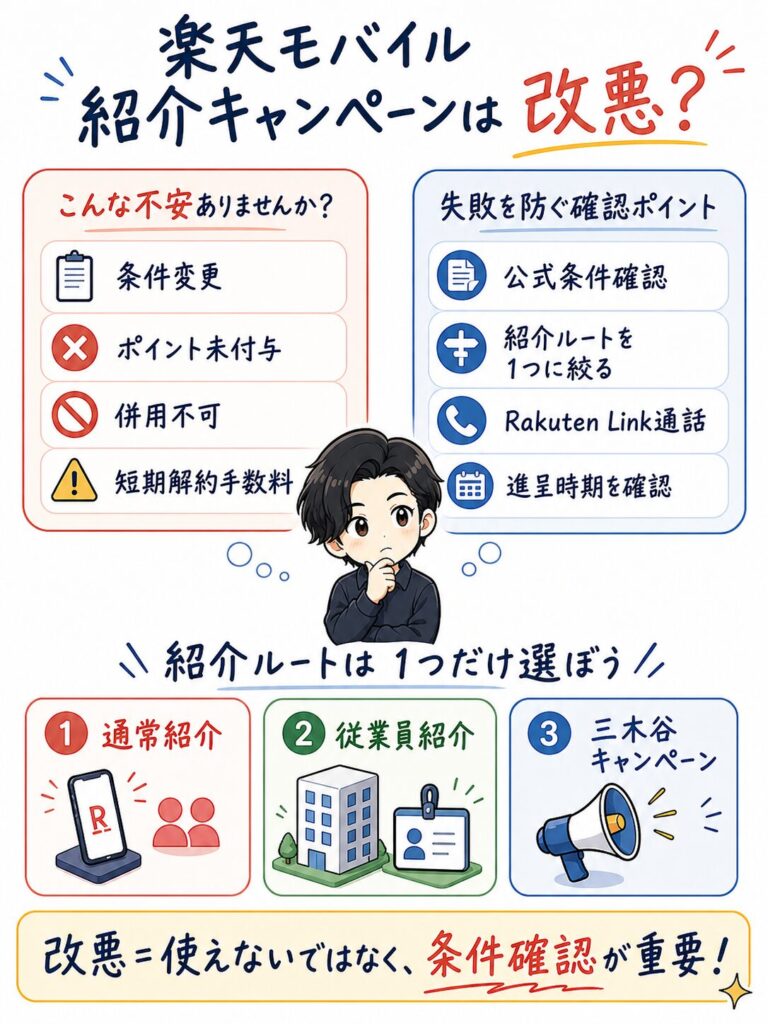 楽天モバイル紹介キャンペーンの不安点と失敗を防ぐポイントの比較図。左側に条件変更やポイント未付与などの不安要素、右側に公式条件の確認や楽天リンク通話などの確認ポイントを掲載。下部には通常・従業員・三木谷キャンペーンの3つのルートを提示しています。