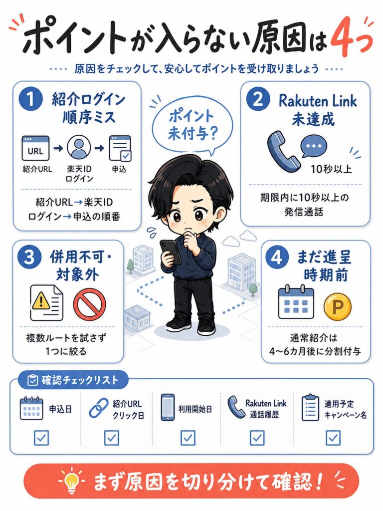 楽天モバイルのポイントが入らない4つの主な原因。1.紹介ログインの順序ミス、2.Rakuten Linkの通話条件未達成、3.併用不可キャンペーンの対象外、4.進呈時期（4〜6ヶ月後）より前であることを解説し、確認チェックリストを掲載しています。