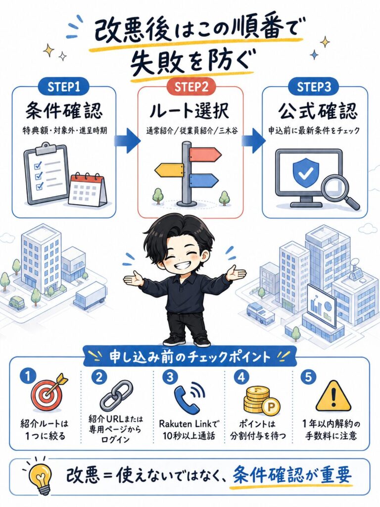 楽天モバイル紹介キャンペーンの失敗を防ぐための3ステップ解説図。ステップ1「条件確認」、ステップ2「ルート選択（通常・従業員・三木谷）」、ステップ3「公式確認」の流れを説明。下部には紹介ルートの絞り込みやRakuten Linkでの10秒通話など、申し込み前の5つのチェックポイントがまとめられています。