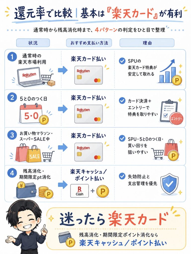 楽天市場での支払い方法比較図。通常時、「5と0のつく日」、セール時はSPU特典が安定して取れる楽天カード払いが有利。残高や期間限定ポイントの消化、失効防止、支出管理を優先する場合は楽天キャッシュ・ポイント払いを推奨しています。