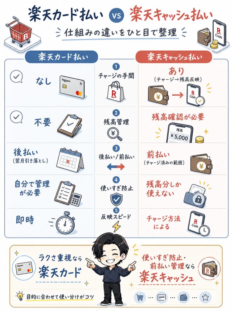 楽天カード払いと楽天キャッシュ払いの仕組みの違い。チャージの手間、残高管理、後払い・前払いの違い、使いすぎ防止、反映スピードの5項目で比較。手間を省くならカード、管理しやすさならキャッシュという使い分けのコツを解説。