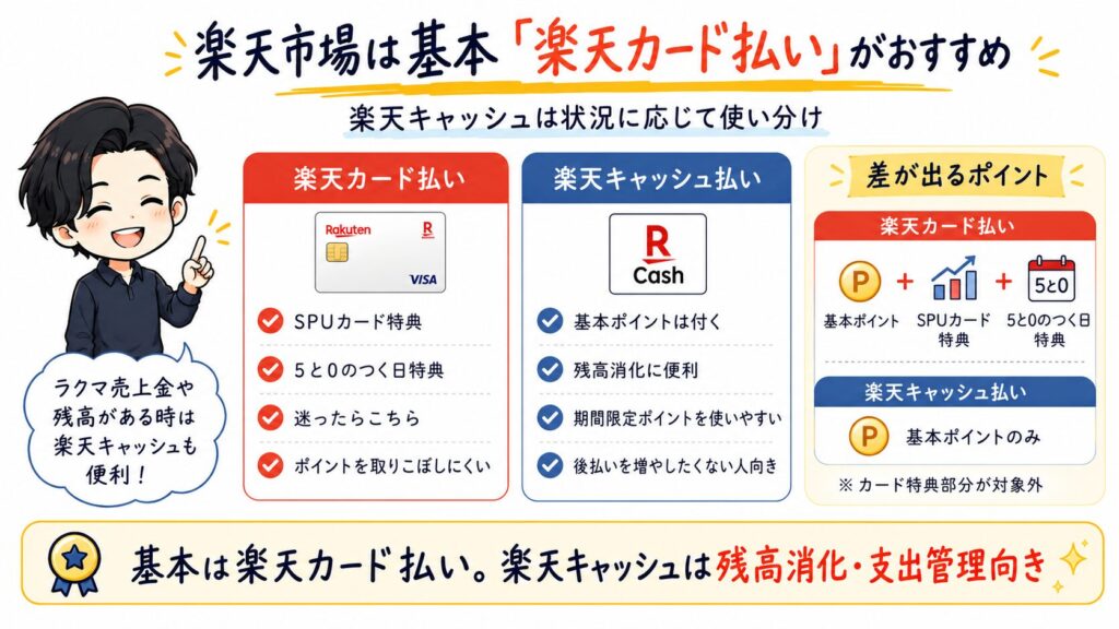 楽天市場での「楽天カード払い」と「楽天キャッシュ払い」の比較表。カード払いはSPU特典や「5と0のつく日」のポイント付与がある一方で、キャッシュ払いは残高消化や支出管理に向いていることを、メリット・理由別に解説しています。