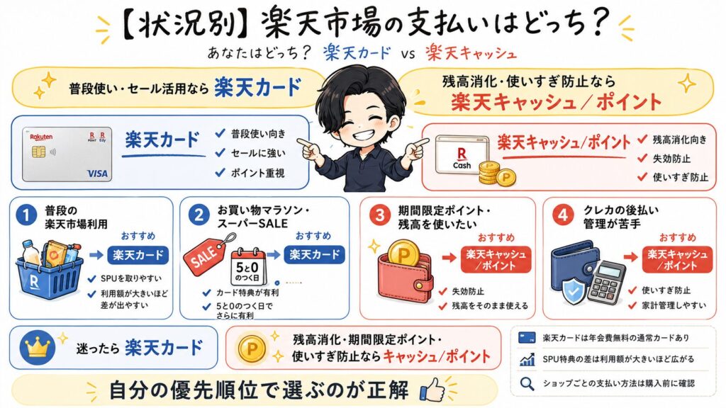 楽天市場の支払い方法を「楽天カード」と「楽天キャッシュ/ポイント」で比較したガイド図。普段使いやセール時はポイント還元の高いカード払い、残高消化や使いすぎ防止ならキャッシュ/ポイント払いがおすすめであることを4つのケースで解説しています。