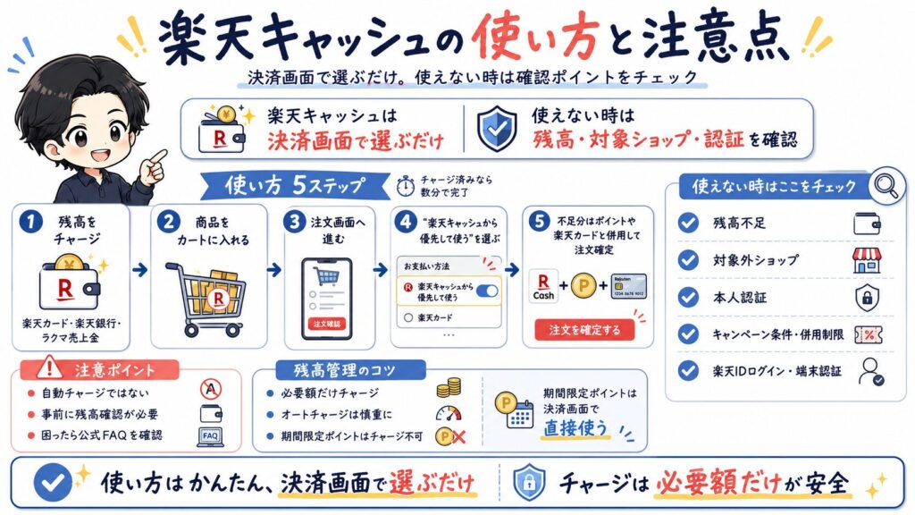 楽天キャッシュの使い方5ステップ（チャージから注文確定まで）と注意点の図解。使えない時のチェック項目として残高不足や本人認証、残高管理のコツとして必要額だけのチャージを推奨することなどがまとめられています。