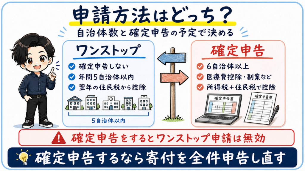 ふるさと納税のワンストップ特例申請と確定申告を自治体数や申告予定で選ぶ判定図