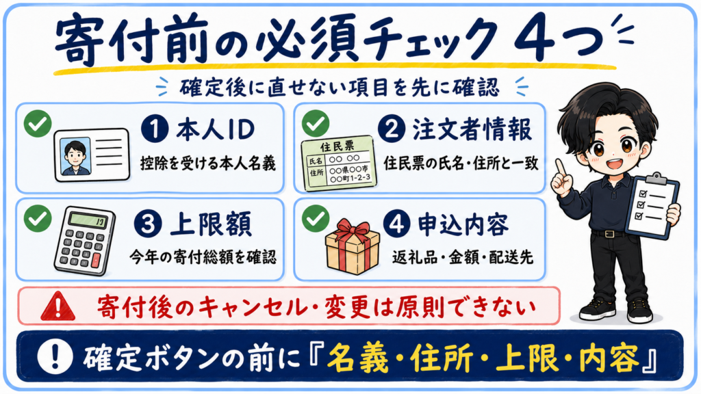 楽天ふるさと納税の寄付前に本人ID、注文者情報、上限額、申込内容を確認するチェックリスト