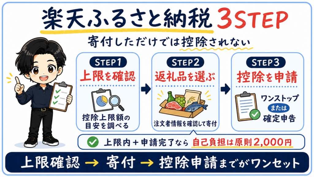 楽天ふるさと納税で上限確認、返礼品選び、控除申請を行う3ステップ