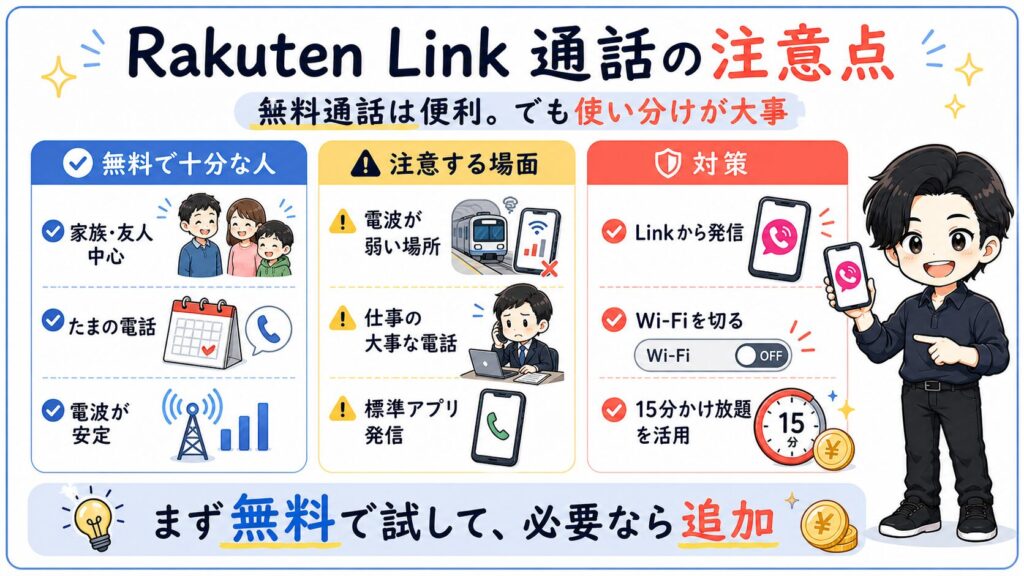 Rakuten Linkの無料通話で注意したい場面と対策を整理した図解。電波が弱い場所、仕事の大事な電話、標準アプリ発信の注意点と、Link発信、Wi-Fiオフ、15分かけ放題の選択肢を解説