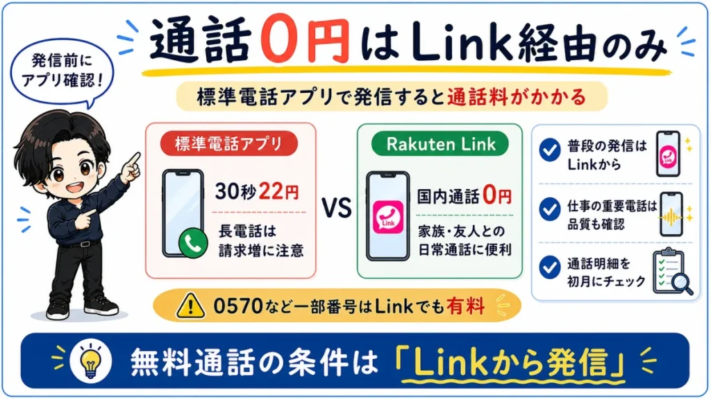 楽天モバイルで通話料を抑えるにはRakuten Linkからの発信が基本で、標準電話アプリでは30秒22円がかかる違いを比較した図解。