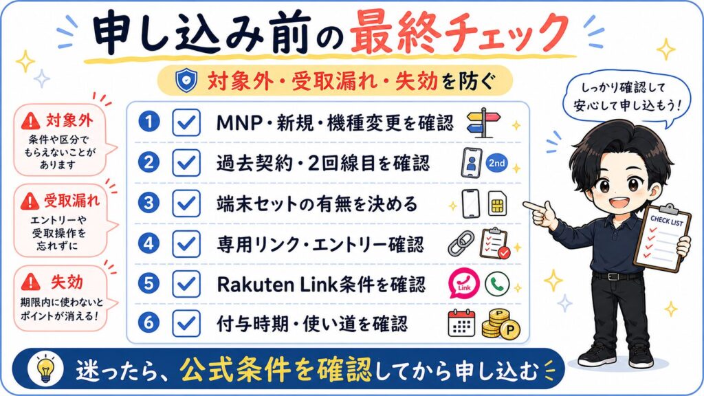 楽天モバイル申し込み前の最終チェックリスト。対象外、受取漏れ、ポイント失効を防ぐために確認すべき項目をまとめた図解