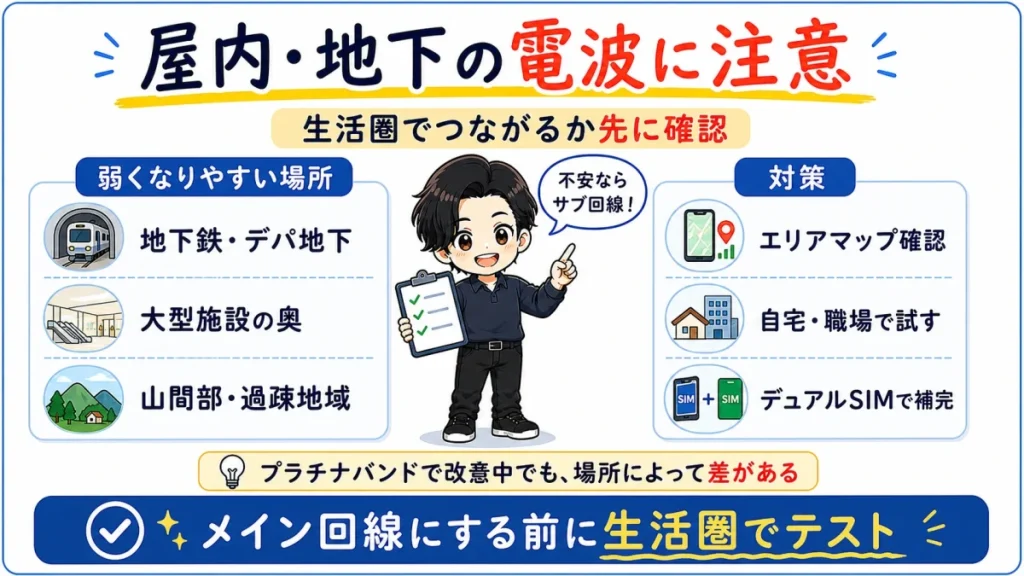 楽天モバイルが地下鉄や大型施設などでつながりにくい場合があることと、エリア確認やデュアルSIMで試す対策をまとめた図解。
