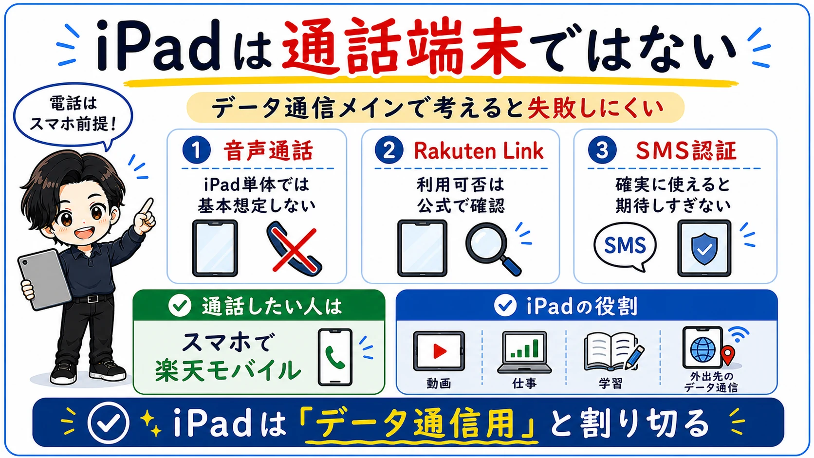 iPadでは音声通話やSMS、Rakuten Linkの使い方に注意が必要なことを整理した図解