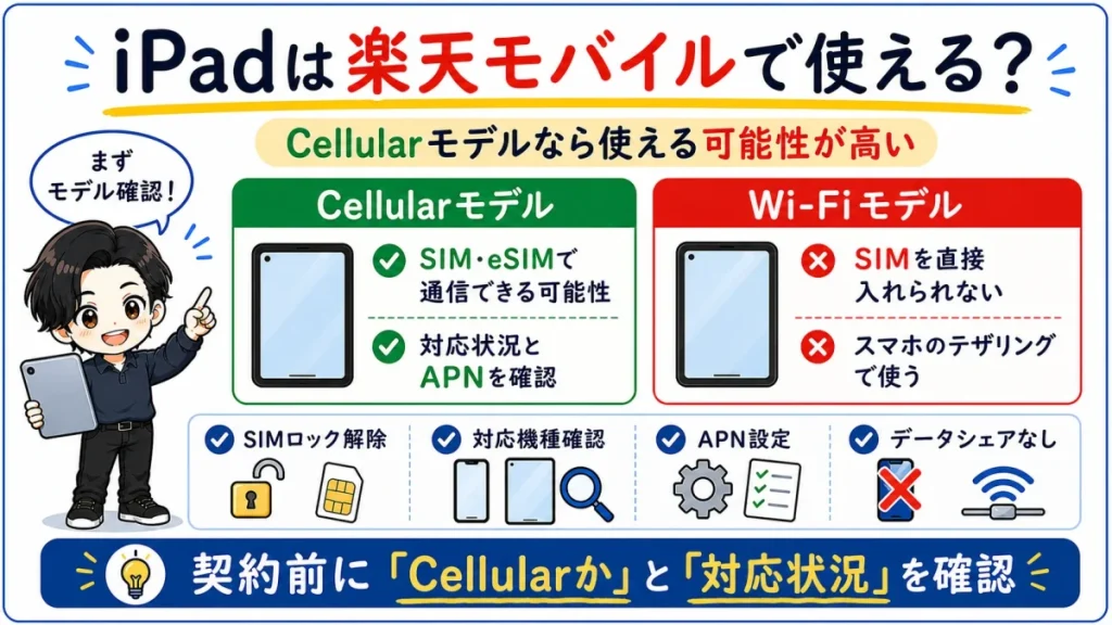 楽天モバイルでiPadを使うにはCellularモデルやSIMロック解除、eSIM対応の確認が必要なことを解説する図解