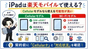 楽天モバイルでiPadを使うにはCellularモデルやSIMロック解除、eSIM対応の確認が必要なことを解説する図解