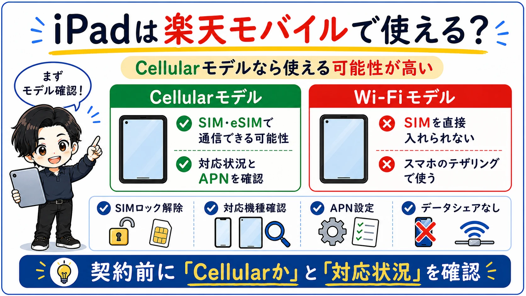楽天モバイルでiPadを使うにはCellularモデルやSIMロック解除、eSIM対応の確認が必要なことを解説する図解