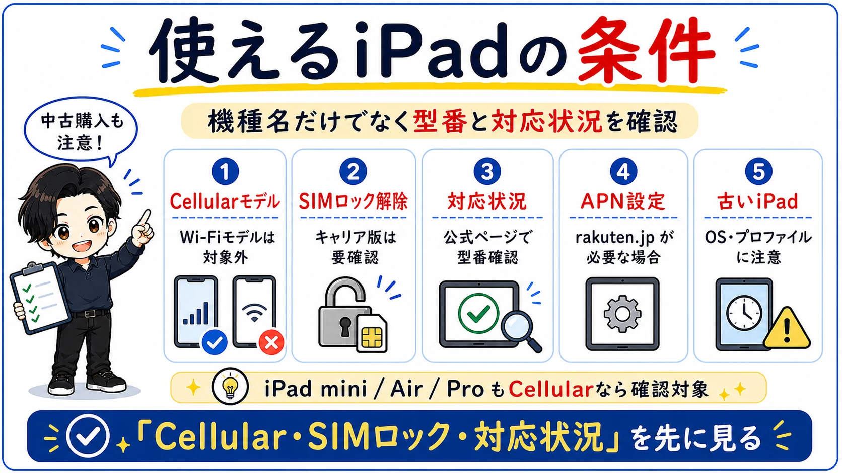 楽天モバイルで使えるiPadか確認するためのCellularモデル、SIMロック解除、SIMタイプ、OS、APN設定のチェックリスト